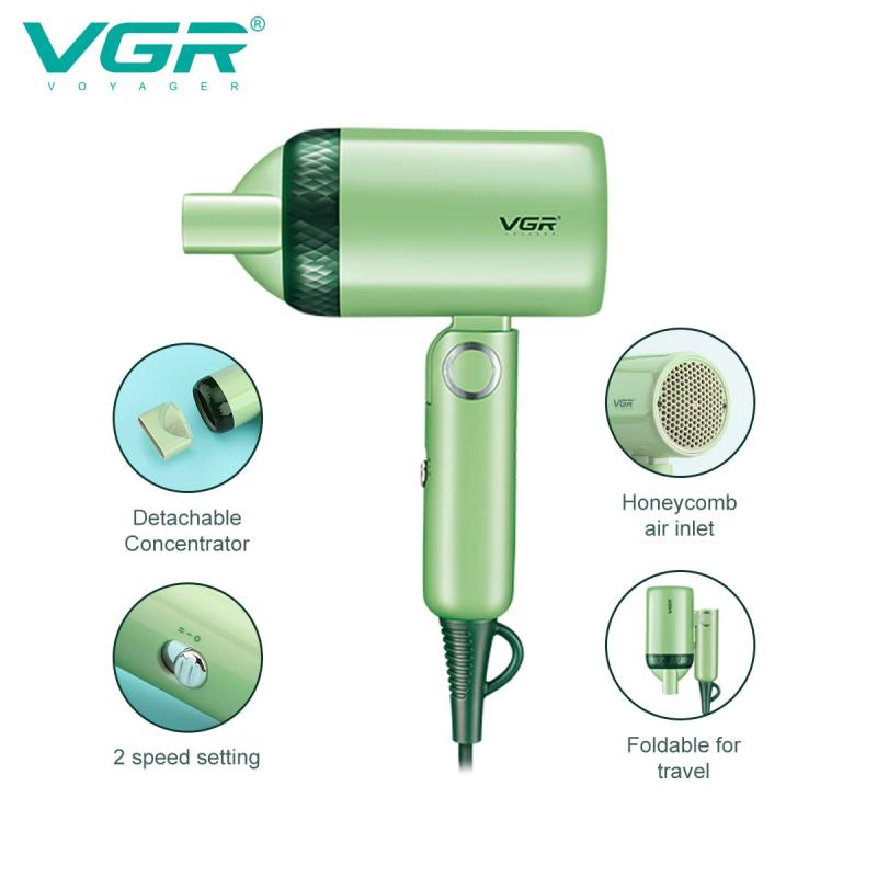 VGR V-421 Professional Foldable Hair Dryer 1200W DC Motor 2 Speed Settings comes with Styling Concentrator, Overheating Protection & a Hanging Loop - Green